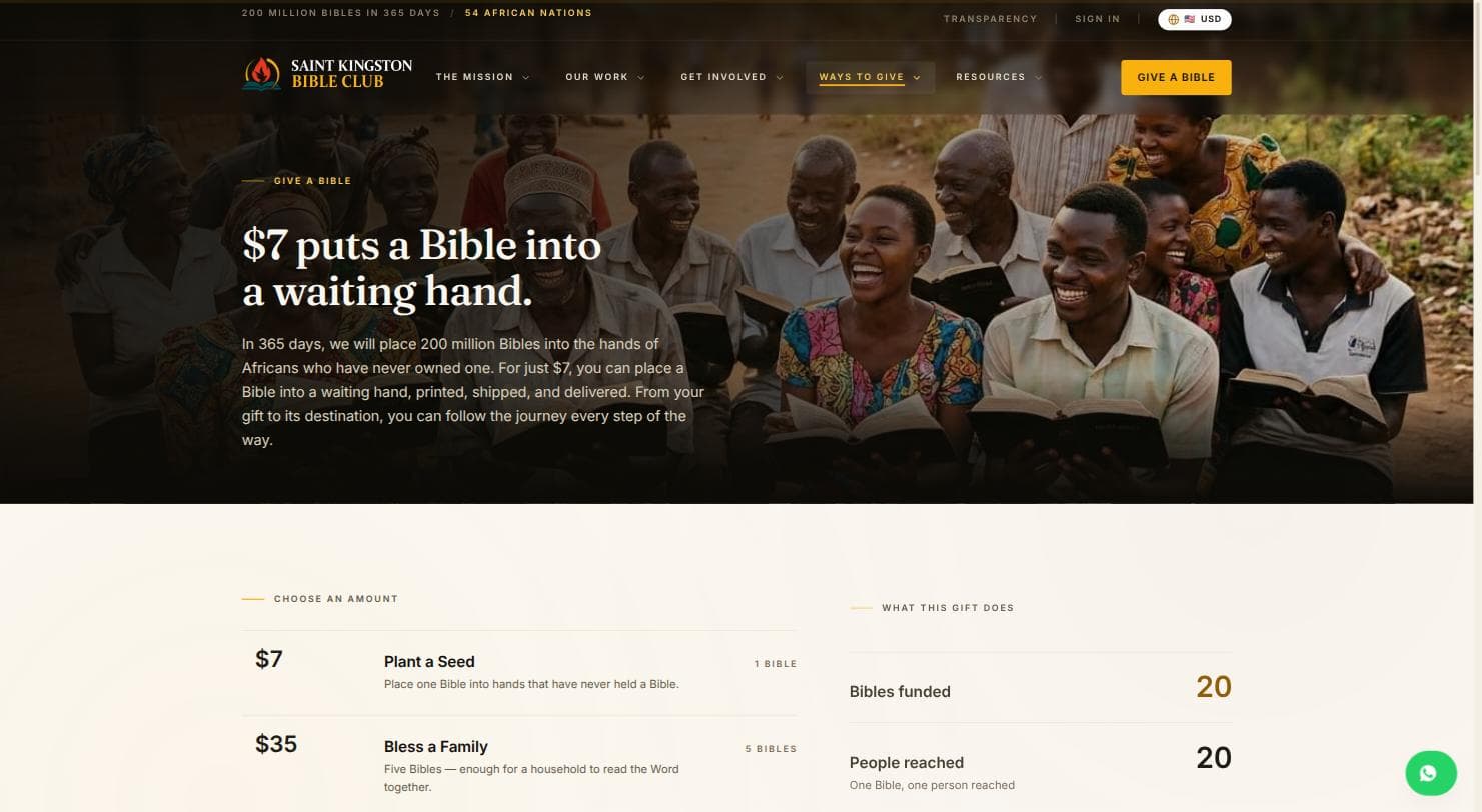 The donation page, with tiered giving amounts and a live summary of Bibles funded by the selected gift.