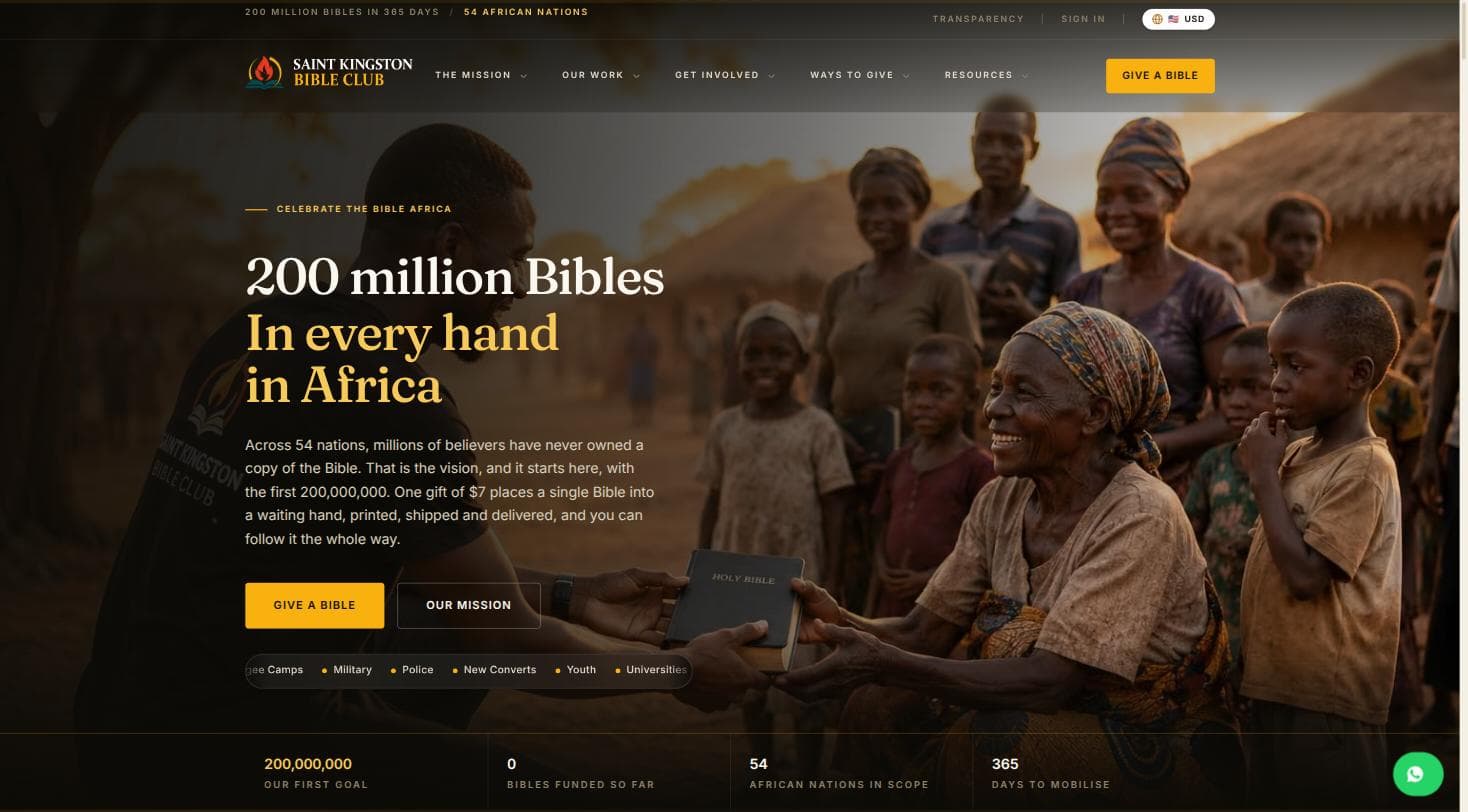 The Celebrate The Bible Africa homepage, showing the campaign's 200 million Bibles headline over a photograph of a Bible being handed to a woman in a village.