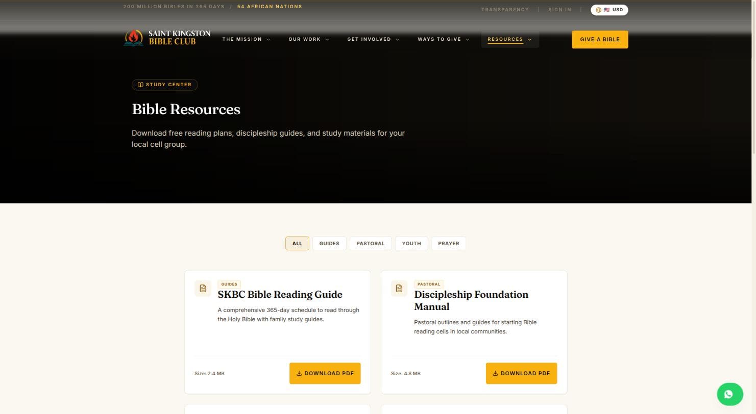 The Bible Resources study centre, with category filters and downloadable PDF study guides.