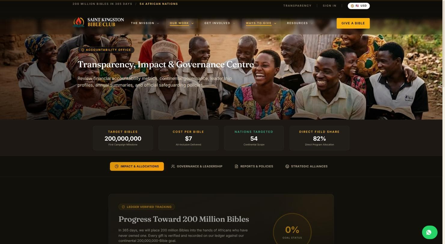 The Transparency, Impact and Governance Centre, showing campaign metrics and a progress tracker toward the campaign goal.