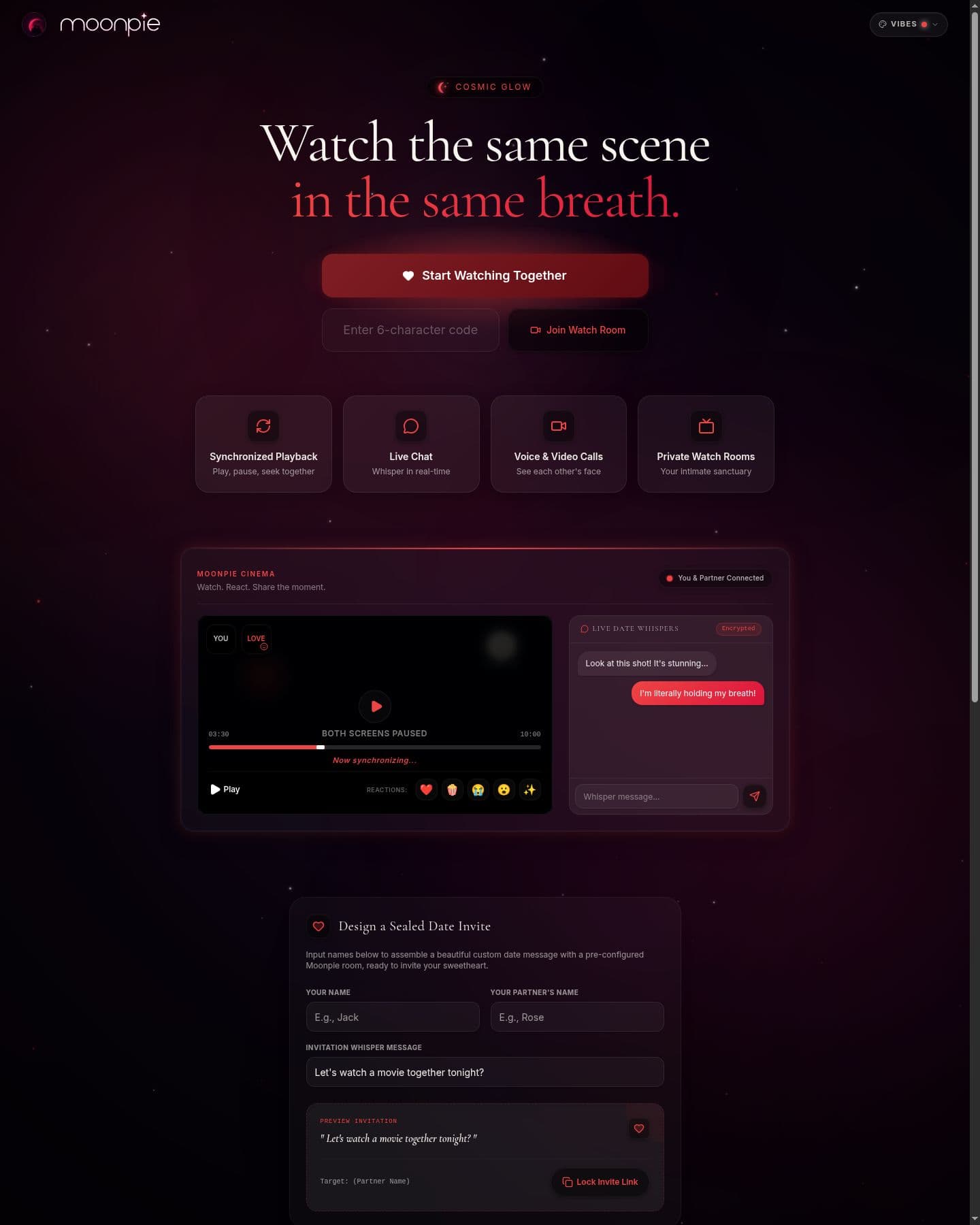 The moonpie.watch synchronized playback cinema player and sealed date invite generator.