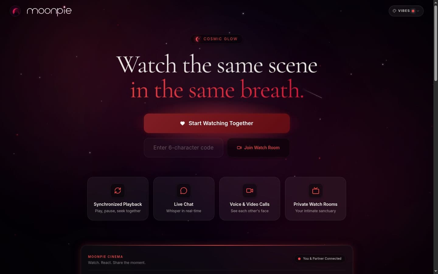 The moonpie.watch product interface, showing the headline 'Watch the same scene in the same breath' over a cosmic glow theme.